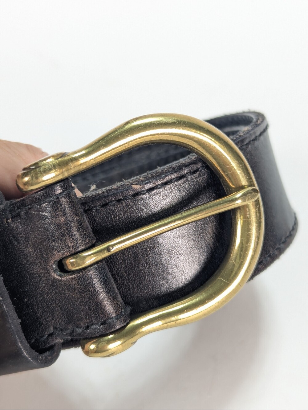 Lauren Ralph Lauren Equestrian Brass Buckle Oval Logo Plaque Black Leather Belt - Picture 3 of 10